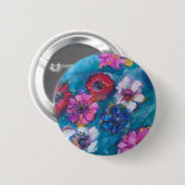 赤ピンクの白カラフルい花(青) 缶バッジ (正面&裏面)
