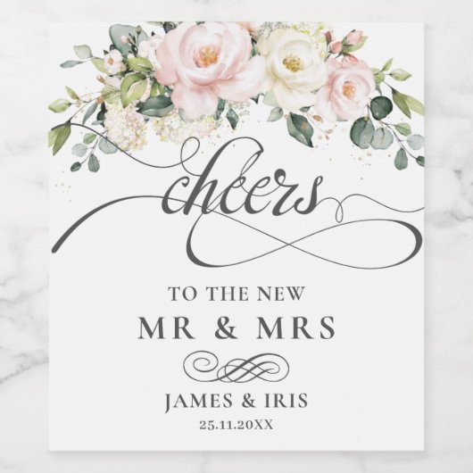 赤ピンクの花々の結婚記念日 ワインラベル (シングルラベル)