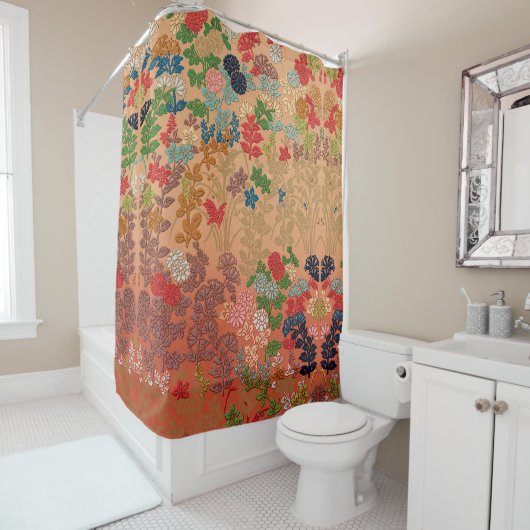 赤ピンクの花離れアンティーク日本のフローラ シャワーカーテン (インサイチュ)