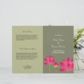 赤ピンクの蓮の花の緑モダンの結婚式プログラム (スタンド正面)
