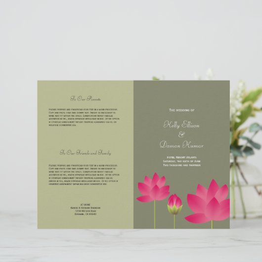 赤ピンクの蓮の花の緑モダンの結婚式プログラム (スタンド正面)