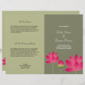 赤ピンクの蓮の花の緑モダンの結婚式プログラム (正面/裏面)