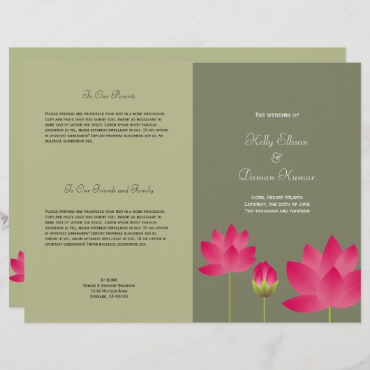 赤ピンクの蓮の花の緑モダンの結婚式プログラム (正面/裏面)