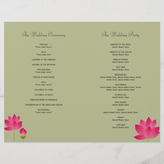 赤ピンクの蓮の花の緑モダンの結婚式プログラム (裏面)
