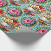 赤ピンクの黄色のバラ、青いフローラのイースターエッグ ラッピングペーパー (角)