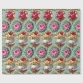 赤ピンクの黄色のバラ、青いフローラのイースターエッグ ラッピングペーパー (フラット)