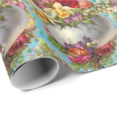 赤ピンクの黄色のバラ、青いフローラのイースターエッグ ラッピングペーパー (ロールコーナー)