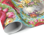 赤ピンクの黄色のバラ、青いフローラのイースターエッグ ラッピングペーパー (ロールコーナー)