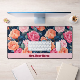 赤ピンクオレンジバラパターン デスクマット