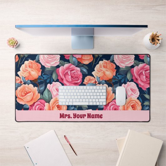 赤ピンクオレンジバラパターン デスクマット (オフィス1)