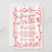 赤ピンクストライプ色イタリアンのチャオ赤ちゃんシャワー サンキューカード (正面)