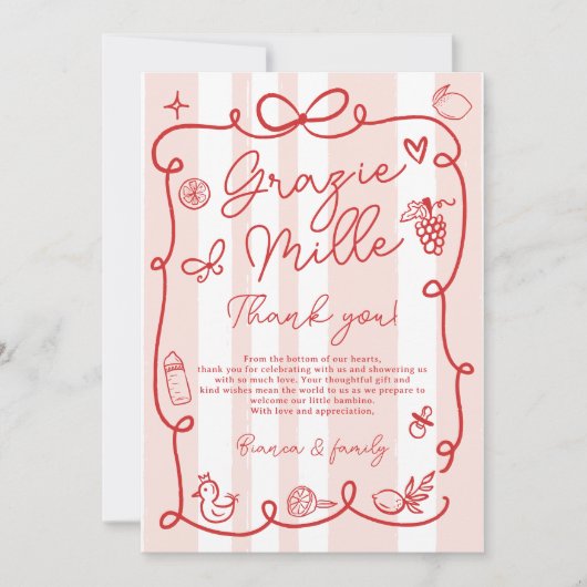 赤ピンクストライプ色イタリアンのチャオ赤ちゃんシャワー サンキューカード (正面)