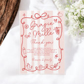 赤ピンクストライプ色イタリアンのチャオ赤ちゃんシャワー サンキューカード