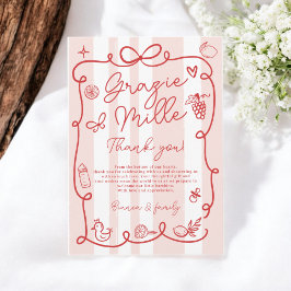 赤ピンクストライプ色イタリアンのチャオ赤ちゃんシャワー サンキューカード