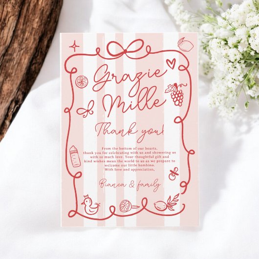 赤ピンクストライプ色イタリアンのチャオ赤ちゃんシャワー サンキューカード