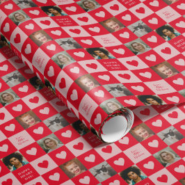 赤ピンクハートチェッカーボードと写真バレンタイン ラッピングペーパー