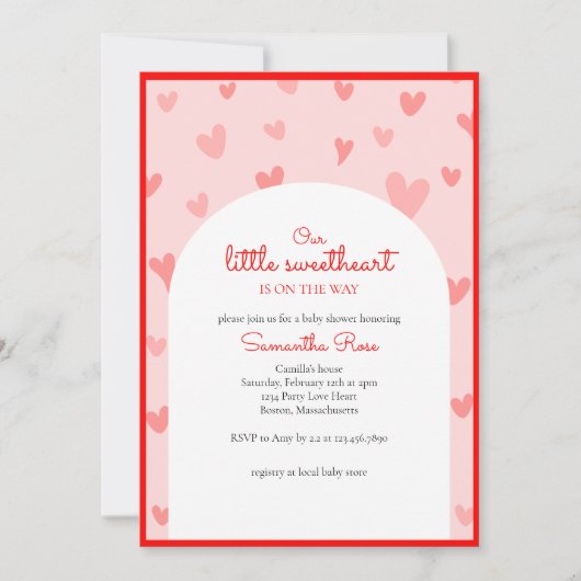 赤ピンクハートリトルスウィートガールベビーシャワー 招待状 (正面)