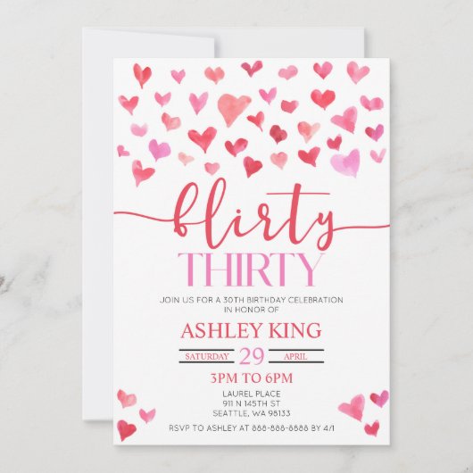 赤ピンクハート気のあるそぶりをした30歳のパーティー 招待状 (正面)