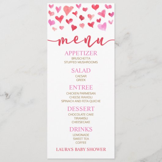 赤ピンクバレンタイン赤ちゃんシャワーフードメニュー メニュー (正面)