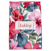 赤ピンクフローラ水彩ハイビスカスエレガント ミディアムペーパーバッグ (裏面)