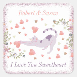 赤ピンクモダンかわいい猫ハートバレンタインデー スクエアシール