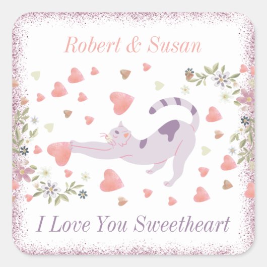 赤ピンクモダンかわいい猫ハートバレンタインデー スクエアシール (正面)