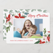 赤ピンクモダンフローラメリークリスマスフォトカード シーズンカード (正面/裏面)