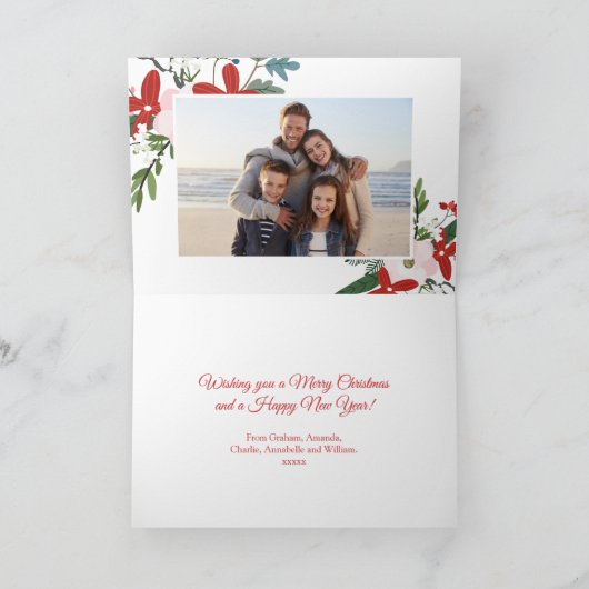赤ピンクモダンフローラメリークリスマスフォトカード シーズンカード (内部)