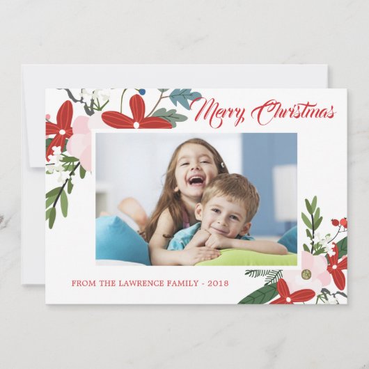 赤ピンクモダンフローラメリークリスマスフォトカード シーズンカード (正面)