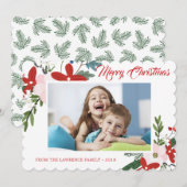 赤ピンクモダンフローラメリークリスマスフォトカード シーズンカード (正面/裏面)