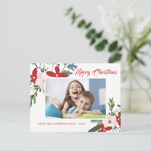 赤ピンクモダンフローラメリークリスマスフォトカード シーズンポストカード (スタンド正面)