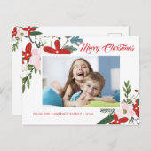赤ピンクモダンフローラメリークリスマスフォトカード シーズンポストカード (正面/裏面)