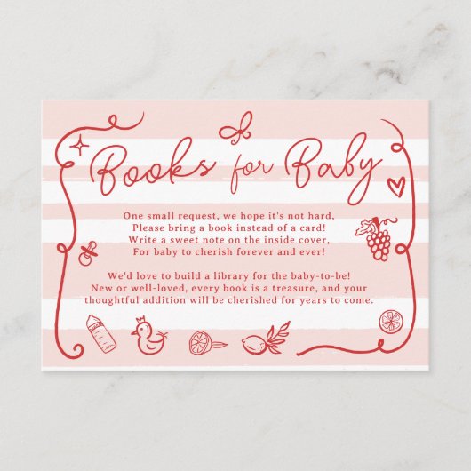 赤ピンクレトロかわいい図解入りの、写真付きの本ベビーシャワー エンクロージャーカード