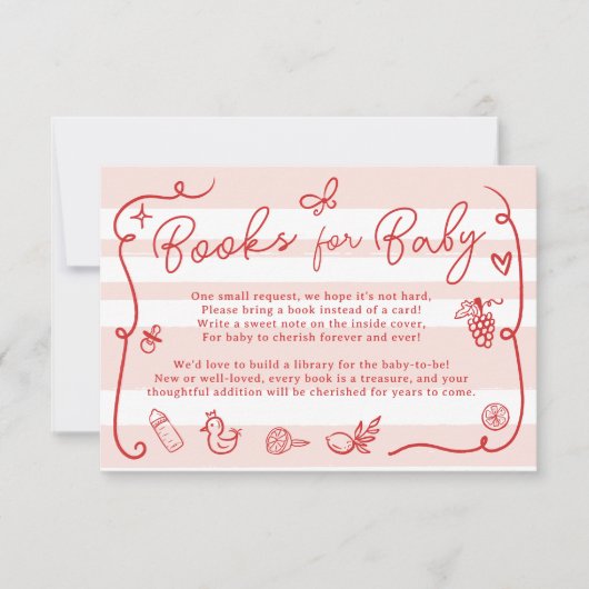 赤ピンクレトロかわいい図解入りの、写真付きの本ベビーシャワー 招待状 (正面)