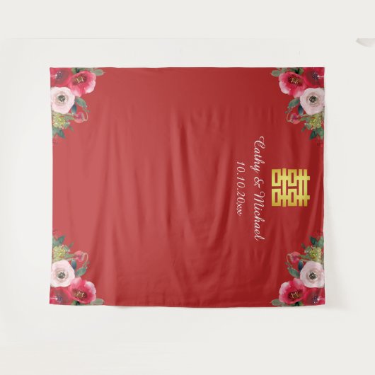 赤ピンク中国のフローラ結婚の背景 タペストリー (正面(横))
