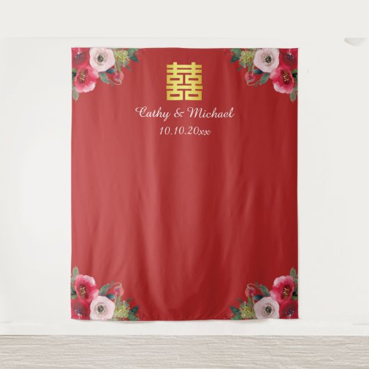 赤ピンク中国のフローラ結婚の背景 タペストリー (正面)