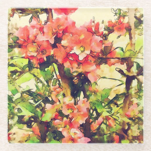 赤ピンク水彩花模様1 ガラスコースター (正面)