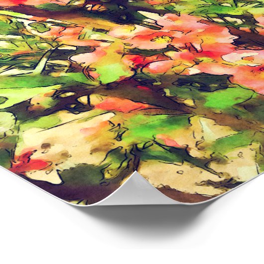 赤ピンク水彩花模様1 ポスター (角)