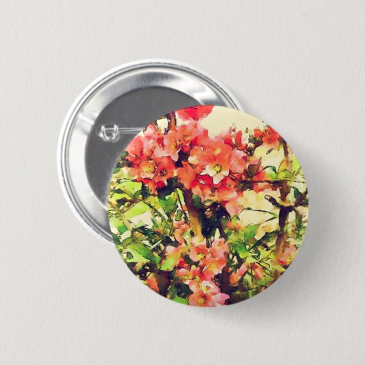 赤ピンク水彩花模様1 缶バッジ (正面&裏面)