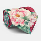 赤ピンク牡丹と緑葉色の模様 ネクタイ (ロール)