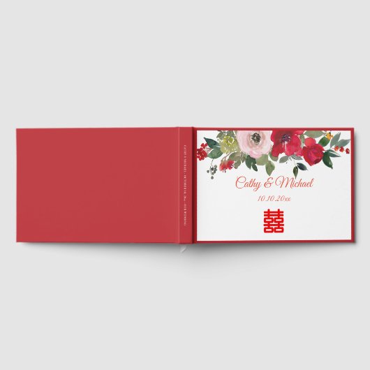 赤ピンク色のフローラ中国のモダン結婚の ゲストブック (全面)