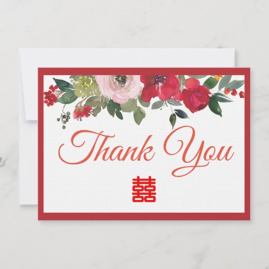 赤ピンク色のフローラ中国のモダン結婚の サンキューカード (正面)