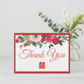 赤ピンク色のフローラ中国のモダン結婚の サンキューカード (スタンド正面)