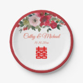 赤ピンク色のフローラ中国のモダン結婚の ペーパープレート (正面)