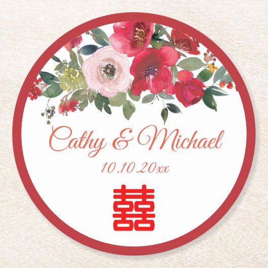 赤ピンク色のフローラ中国のモダン結婚の ラウンドペーパーコースター (正面)
