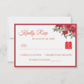 赤ピンク色のフローラ中国のモダン結婚の 出欠カード (正面)