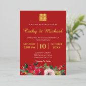 赤ピンク色のフローラ中国のモダン結婚の 箔招待状 (立ち正面)