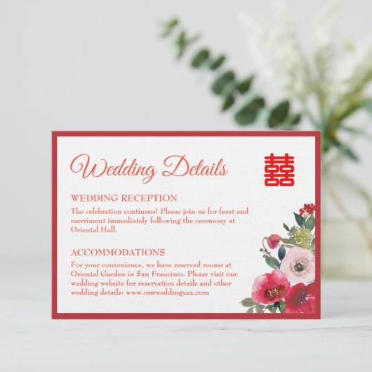 赤ピンク色のフローラ中国の結婚の詳細 エンクロージャーカード (スタンド正面)