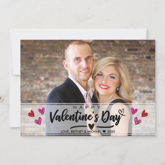 赤ピンク落書きハートバレンタインデーの写真カード (正面)
