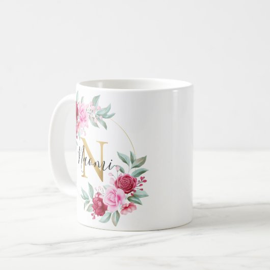 赤ピンク金ゴールド水彩フローラモノグラムN コーヒーマグカップ (正面左)